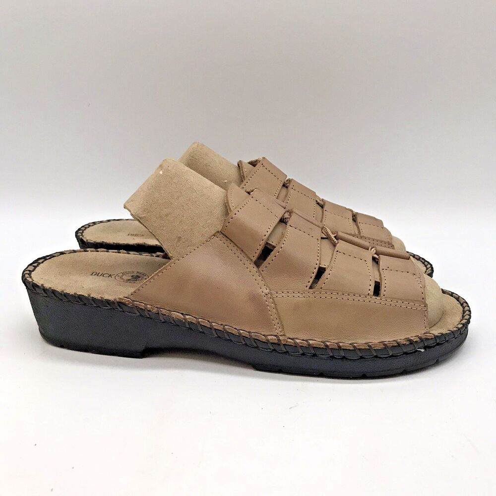Duck Head Tan Leather Sandals Women's 7.5W Casual Comfort Wedge Slip On Slides